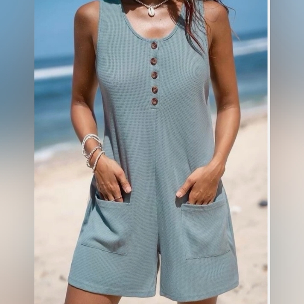 Waffle Knit Button Rompers With pockets